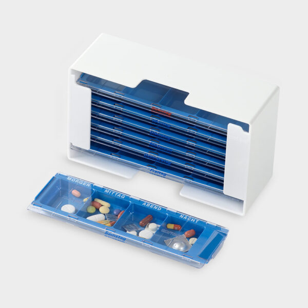 melipul Medikamenten-Dosierer XL-4 für 1 Woche mit 7 blauen MW-Dispenser 4 Fächer